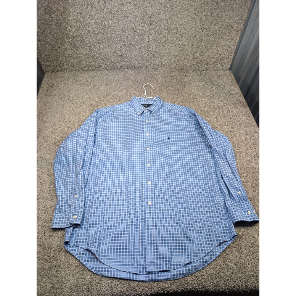 Ralph Lauren Classic Plaid Button Down Shirt Men Large Blue White Long Sleeve